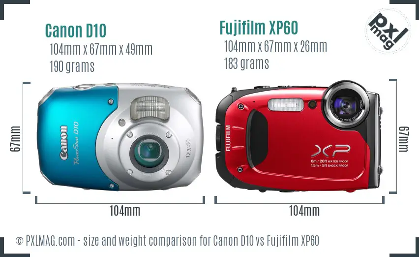 Canon D10 vs Fujifilm XP60 size comparison