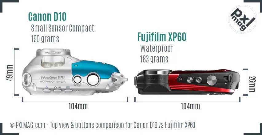 Canon D10 vs Fujifilm XP60 top view buttons comparison