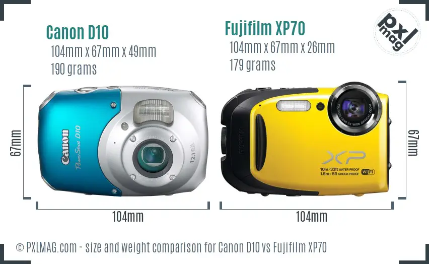 Canon D10 vs Fujifilm XP70 size comparison