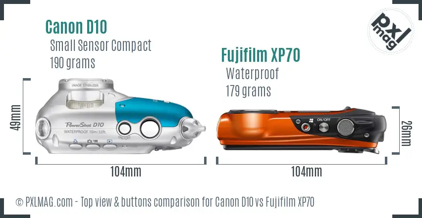 Canon D10 vs Fujifilm XP70 top view buttons comparison