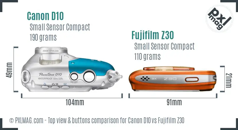 Canon D10 vs Fujifilm Z30 top view buttons comparison