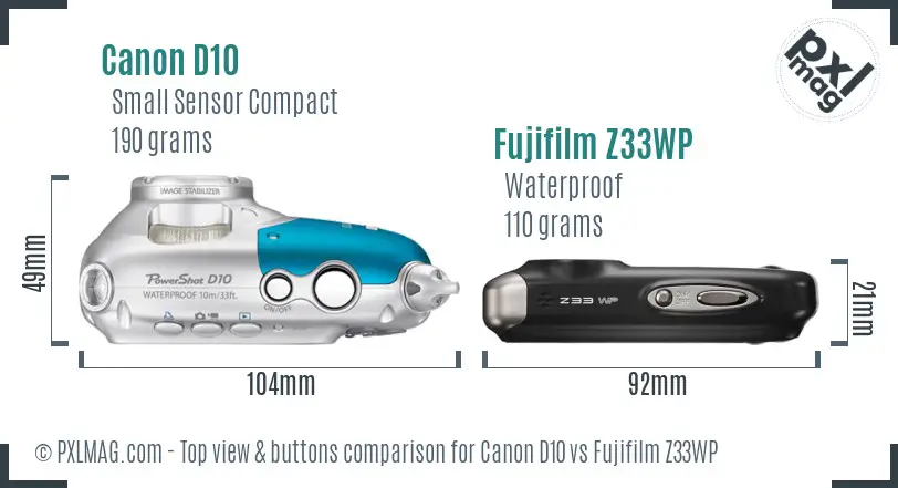 Canon D10 vs Fujifilm Z33WP top view buttons comparison