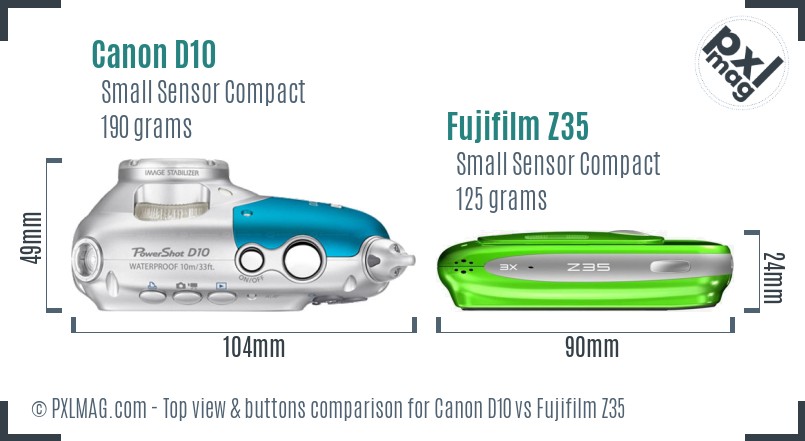 Canon D10 vs Fujifilm Z35 top view buttons comparison