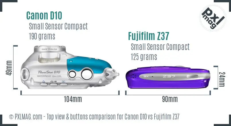 Canon D10 vs Fujifilm Z37 top view buttons comparison Canon D10 vs Fujifilm Z37 top view buttons comparison