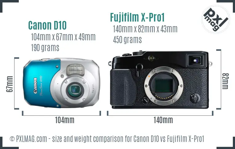 Canon D10 vs Fujifilm X-Pro1 size comparison