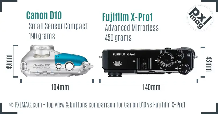 Canon D10 vs Fujifilm X-Pro1 top view buttons comparison