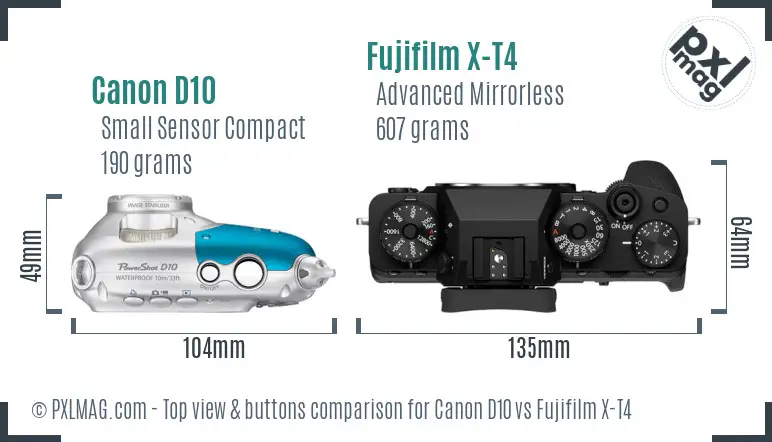 Canon D10 vs Fujifilm X-T4 top view buttons comparison