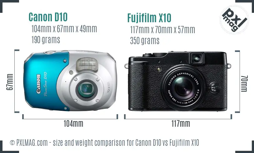 Canon D10 vs Fujifilm X10 size comparison