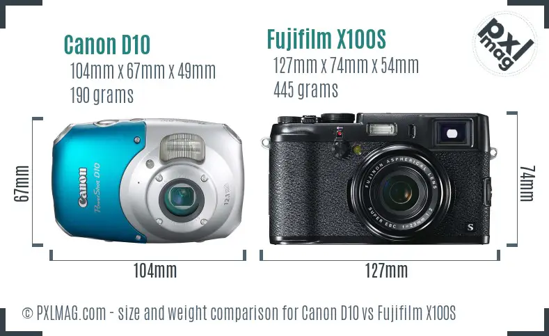 Canon D10 vs Fujifilm X100S size comparison