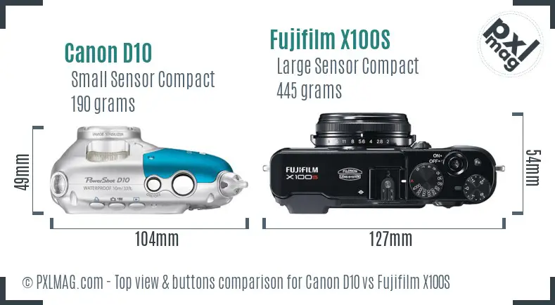 Canon D10 vs Fujifilm X100S top view buttons comparison