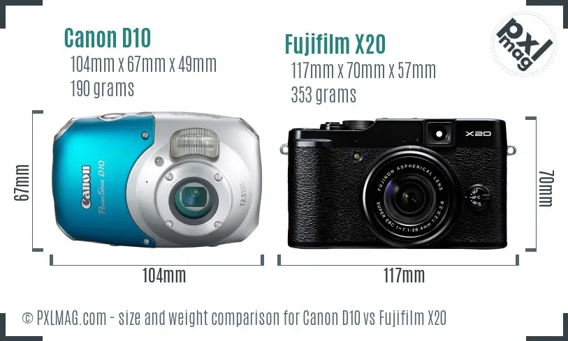Canon D10 vs Fujifilm X20 size comparison