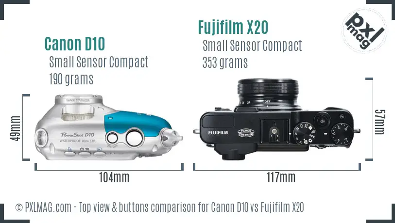 Canon D10 vs Fujifilm X20 top view buttons comparison