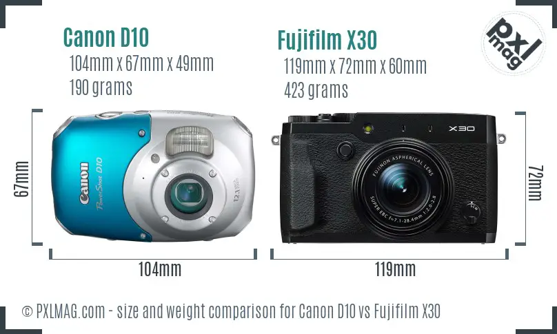 Canon D10 vs Fujifilm X30 size comparison