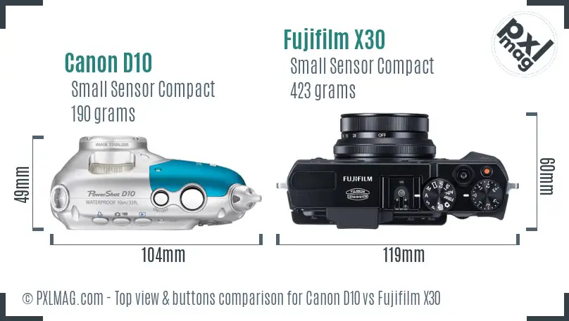 Canon D10 vs Fujifilm X30 top view buttons comparison