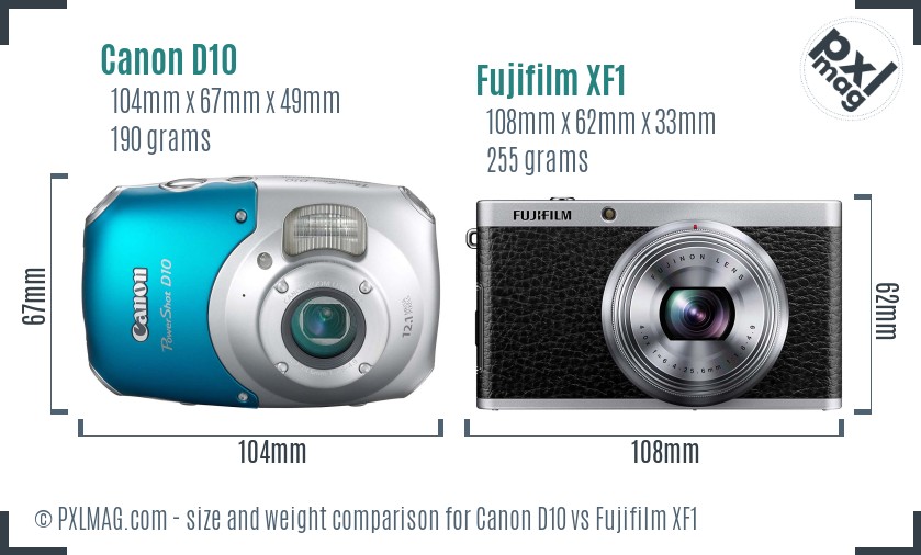 Canon D10 vs Fujifilm XF1 size comparison