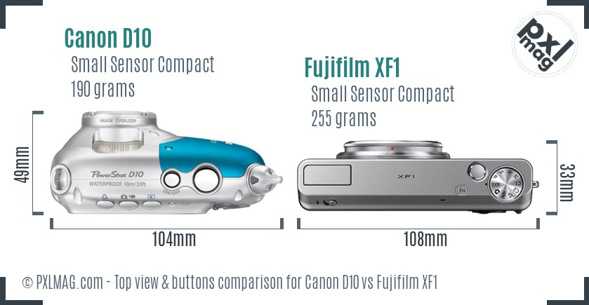 Canon D10 vs Fujifilm XF1 top view buttons comparison