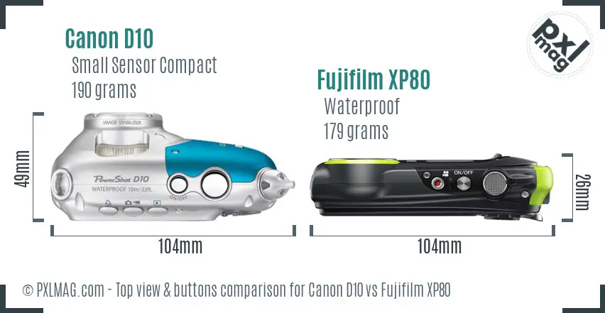 Canon D10 vs Fujifilm XP80 top view buttons comparison