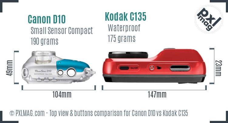 Canon D10 vs Kodak C135 top view buttons comparison