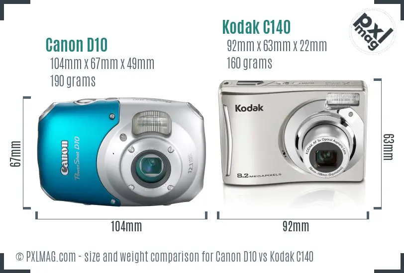 Canon D10 vs Kodak C140 size comparison