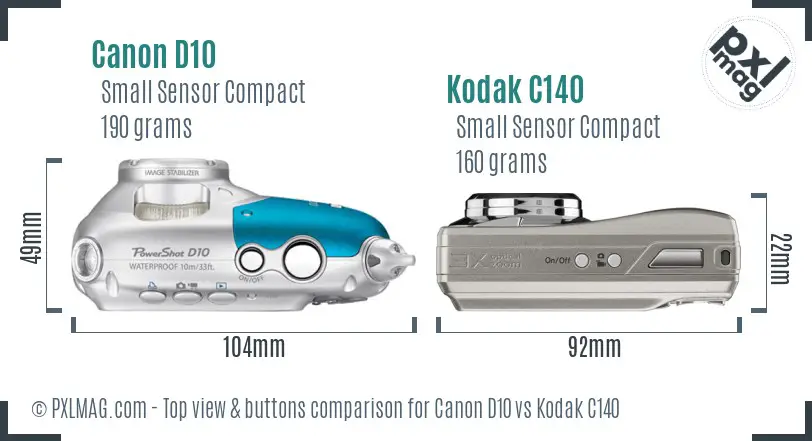 Canon D10 vs Kodak C140 top view buttons comparison