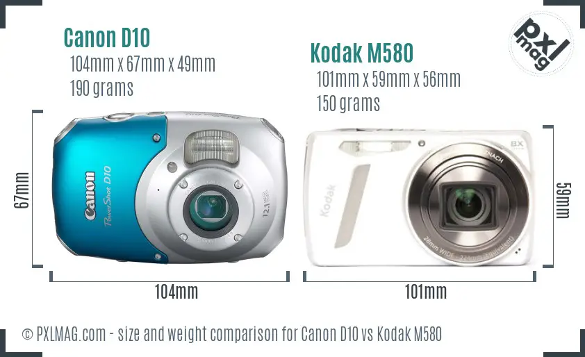 Canon D10 vs Kodak M580 size comparison