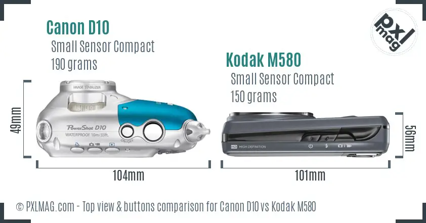 Canon D10 vs Kodak M580 top view buttons comparison