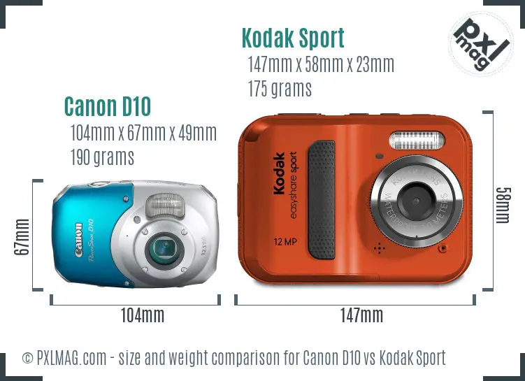 Canon D10 vs Kodak Sport size comparison