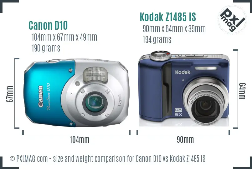 Canon D10 vs Kodak Z1485 IS size comparison Canon D10 vs Kodak Z1485 IS size comparison