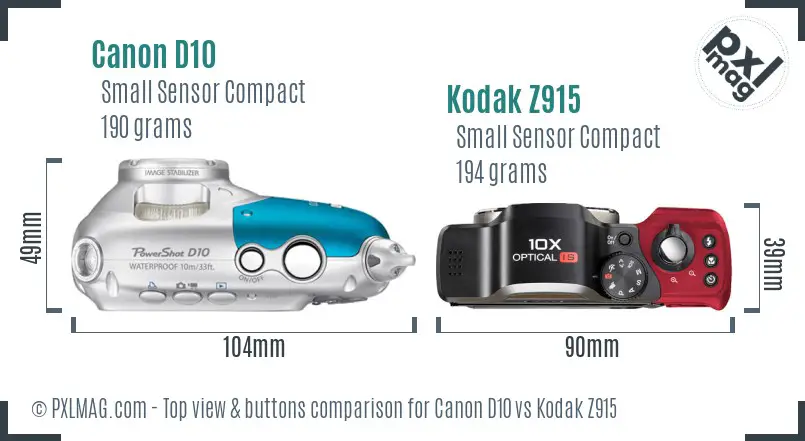 Canon D10 vs Kodak Z915 top view buttons comparison Canon D10 vs Kodak Z915 top view buttons comparison