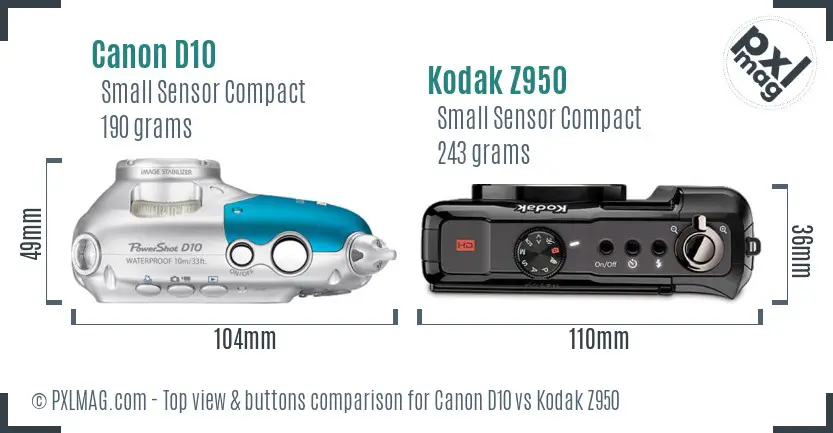 Canon D10 vs Kodak Z950 top view buttons comparison