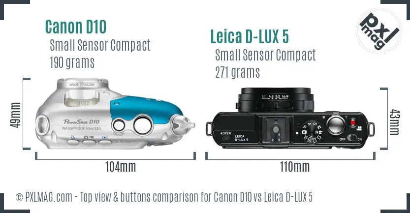 Canon D10 vs Leica D-LUX 5 top view buttons comparison Canon D10 vs Leica D-LUX 5 top view buttons comparison