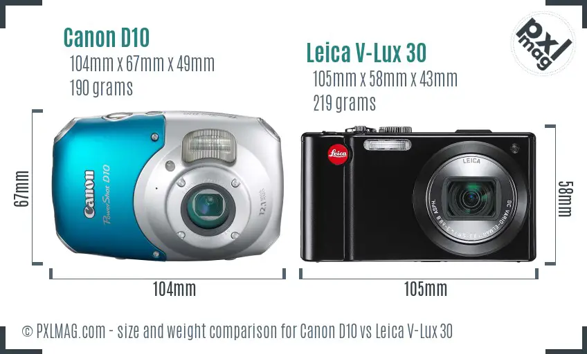 Canon D10 vs Leica V-Lux 30 size comparison