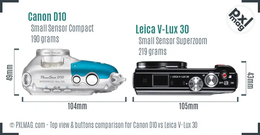 Canon D10 vs Leica V-Lux 30 top view buttons comparison