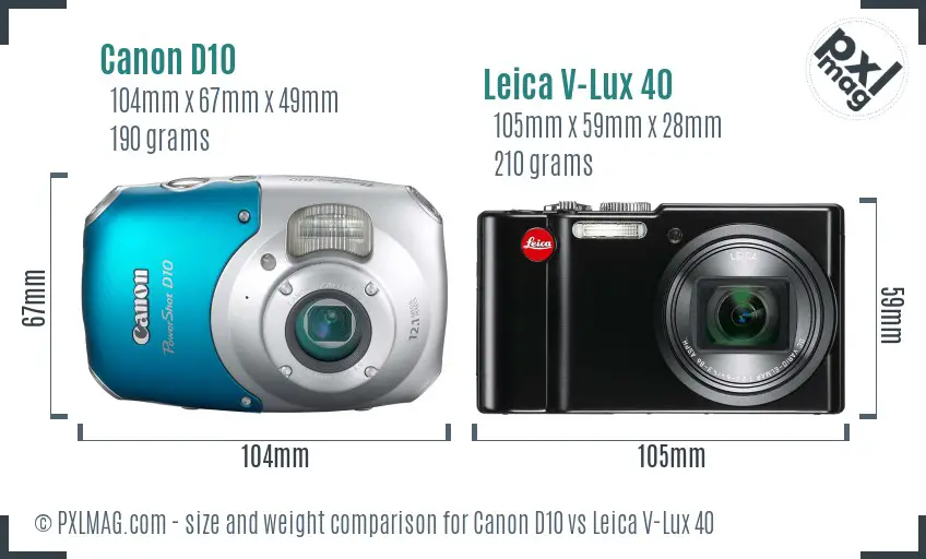 Canon D10 vs Leica V-Lux 40 size comparison