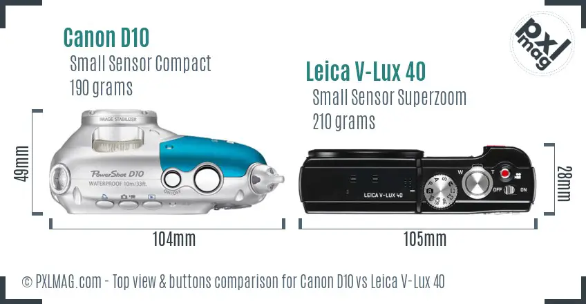 Canon D10 vs Leica V-Lux 40 top view buttons comparison