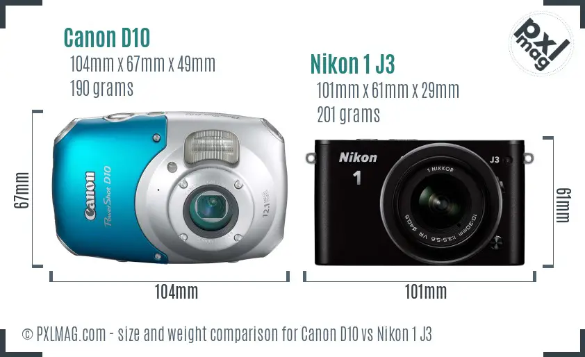 Canon D10 vs Nikon 1 J3 size comparison