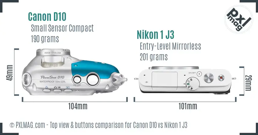 Canon D10 vs Nikon 1 J3 top view buttons comparison