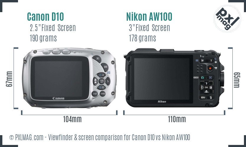 Canon D10 vs Nikon AW100 Screen and Viewfinder comparison