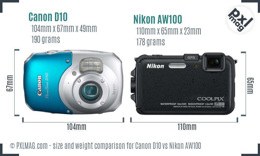 Canon D10 vs Nikon AW100 size comparison