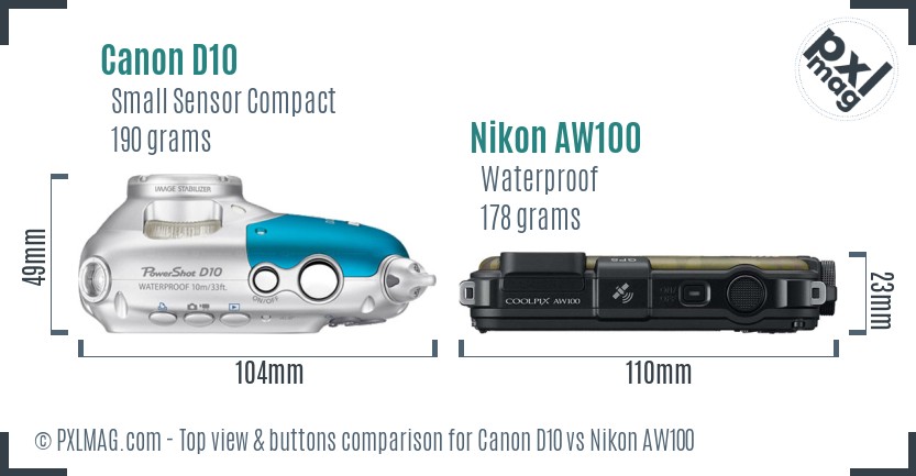 Canon D10 vs Nikon AW100 top view buttons comparison