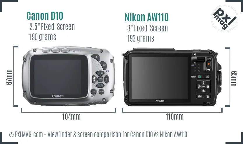 Canon D10 vs Nikon AW110 Screen and Viewfinder comparison