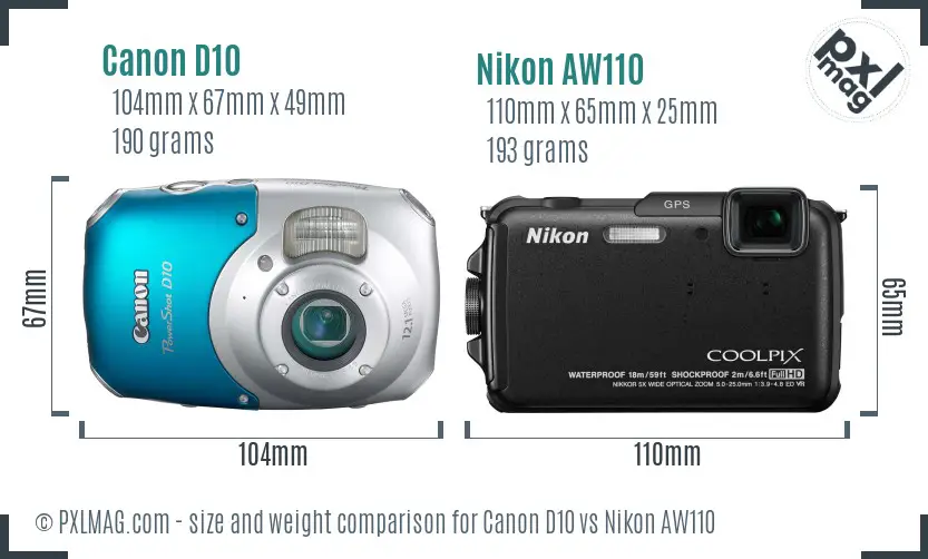 Canon D10 vs Nikon AW110 size comparison