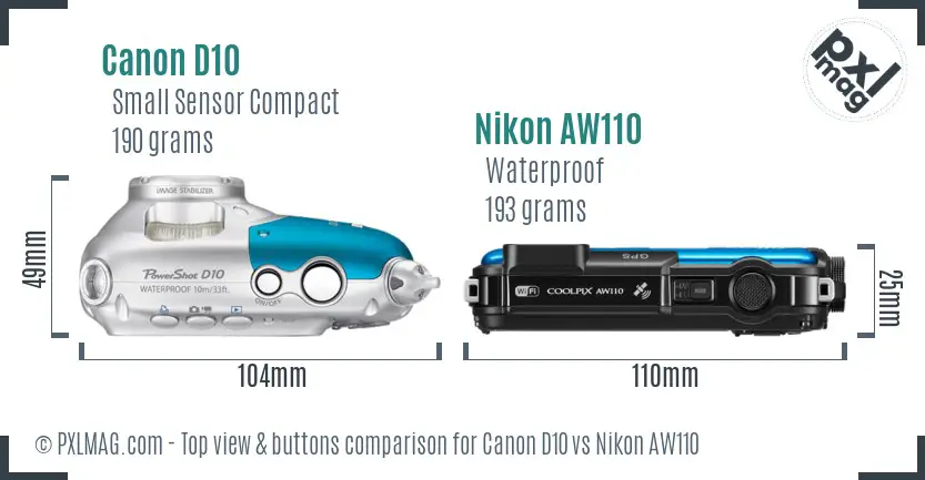 Canon D10 vs Nikon AW110 top view buttons comparison