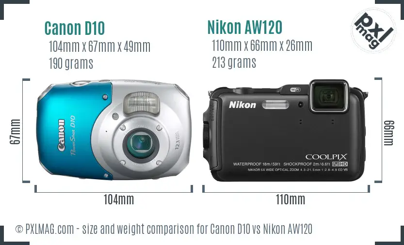 Canon D10 vs Nikon AW120 size comparison