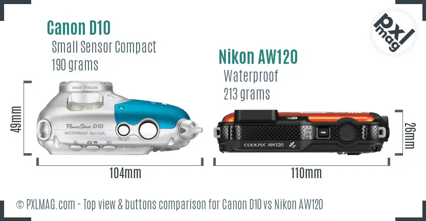 Canon D10 vs Nikon AW120 top view buttons comparison