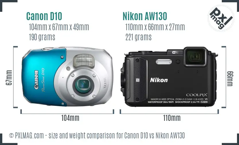 Canon D10 vs Nikon AW130 size comparison