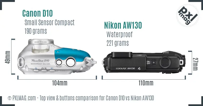Canon D10 vs Nikon AW130 top view buttons comparison
