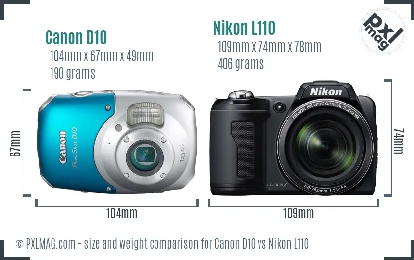 Canon D10 vs Nikon L110 size comparison