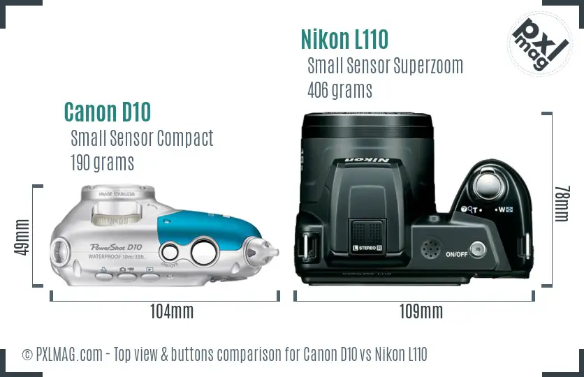 Canon D10 vs Nikon L110 top view buttons comparison