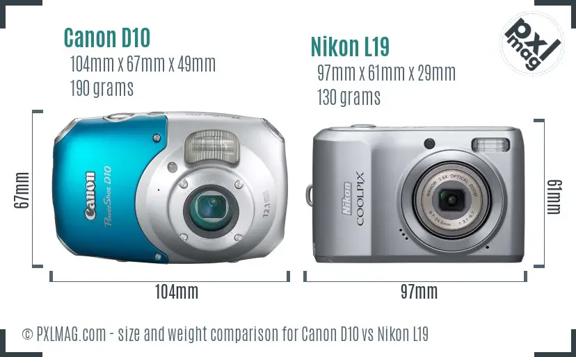 Canon D10 vs Nikon L19 size comparison